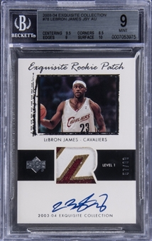 2003-04 UD "Exquisite Collection" Rookie Patch Autograph (RPA) #78 LeBron James Signed Patch Rookie Card (#57/99) – BGS MINT 9/BGS 10